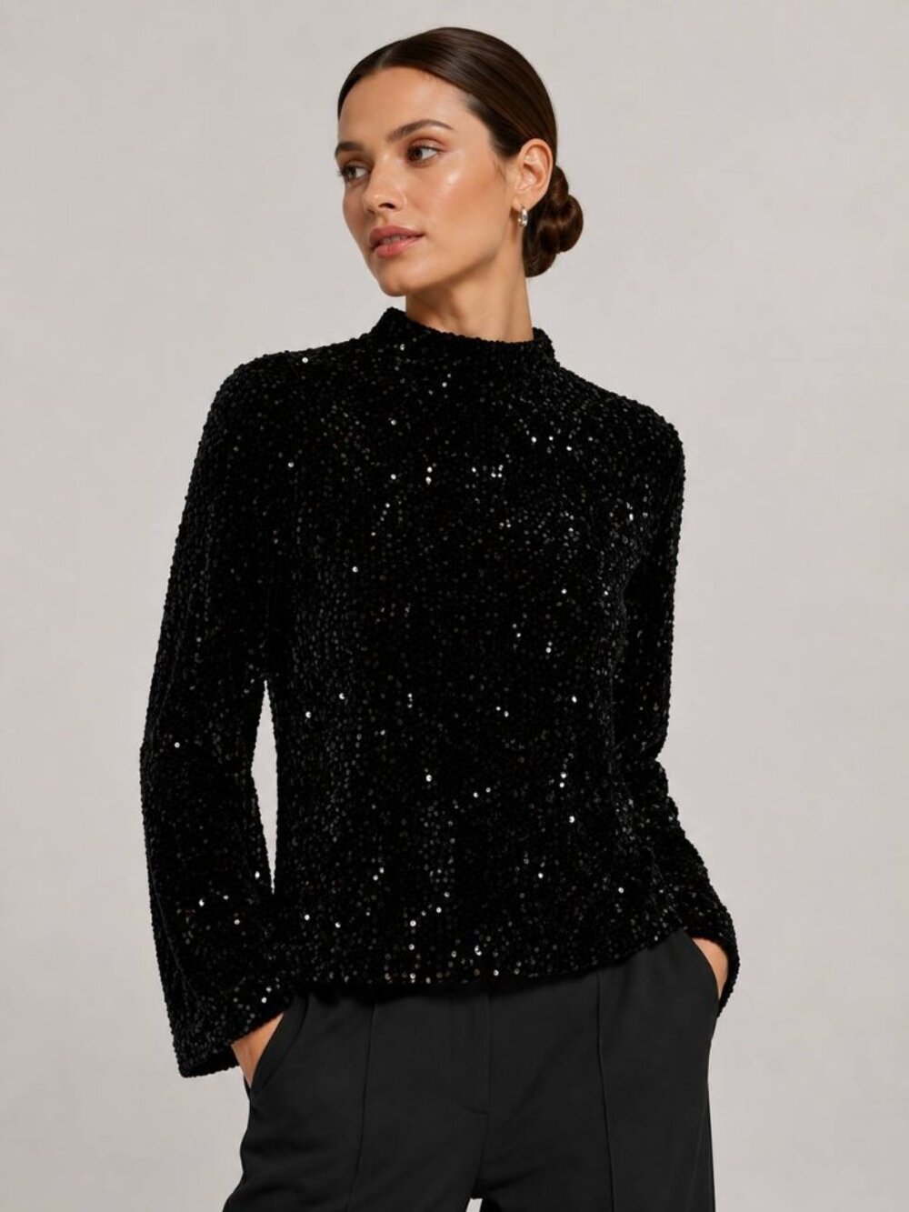 NWT J. McLaughlin Leeza Black Sequin Long Sleeve Top Size XL $220